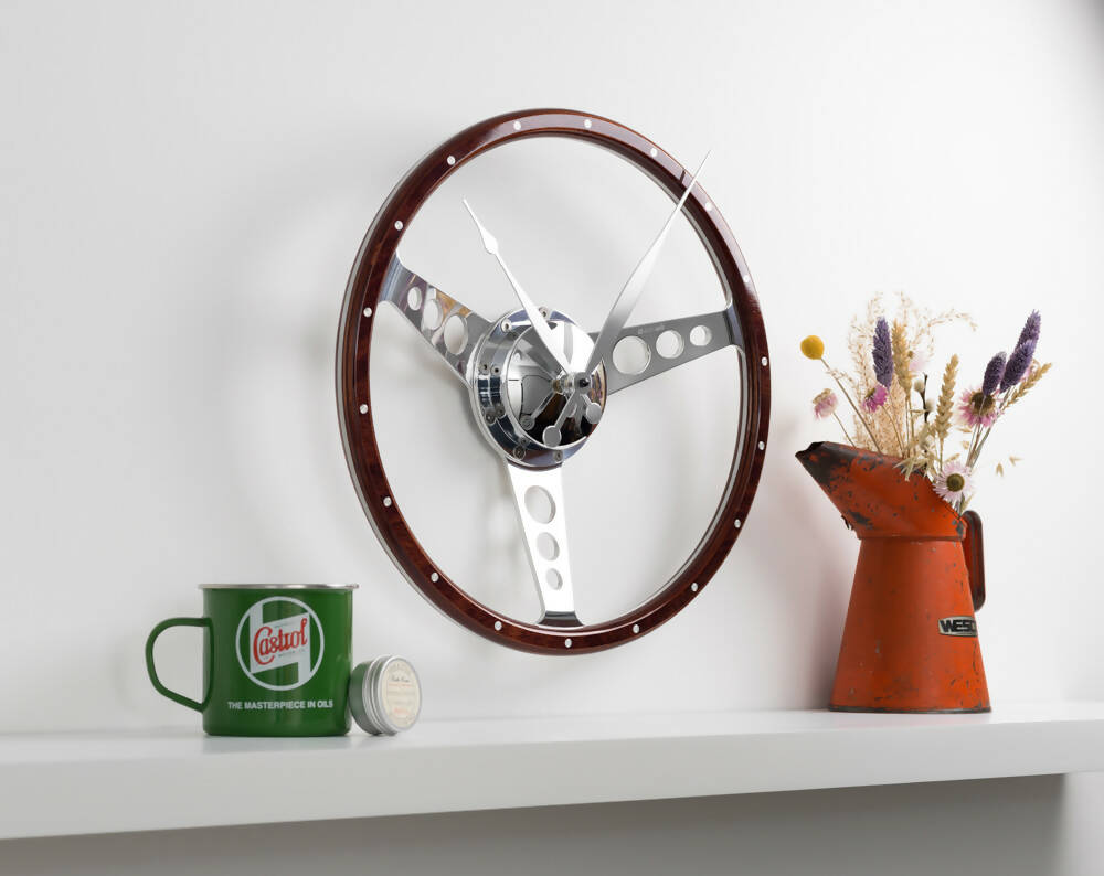 Classic Car Walnut Steering Wheel Wall Clock